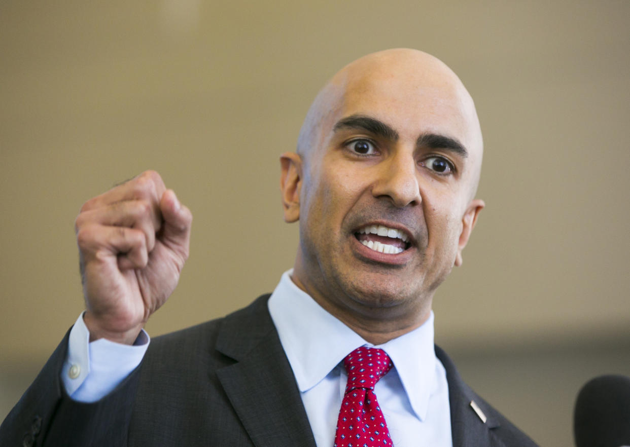 Republican gubernatorial candidate Neel Kashkari holds a media availability to respond to Gov. Jerry Brown's address to the American Federation of Teachers at the Los Angeles Convention Center in Los Angeles, Friday, June 11, 2014.(AP Photo/Damian Dovarganes)