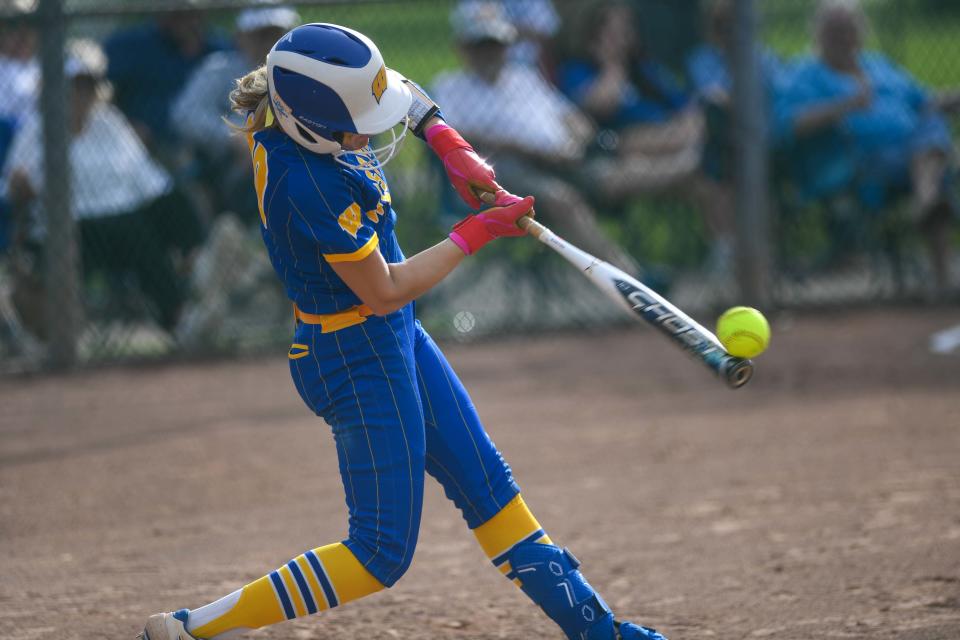 Westview's McCall Sims (10) makes contact with the ball during the TSSAA softball match between Westview and Gibson County in Martin, Tenn., on Monday, April 15, 2024.