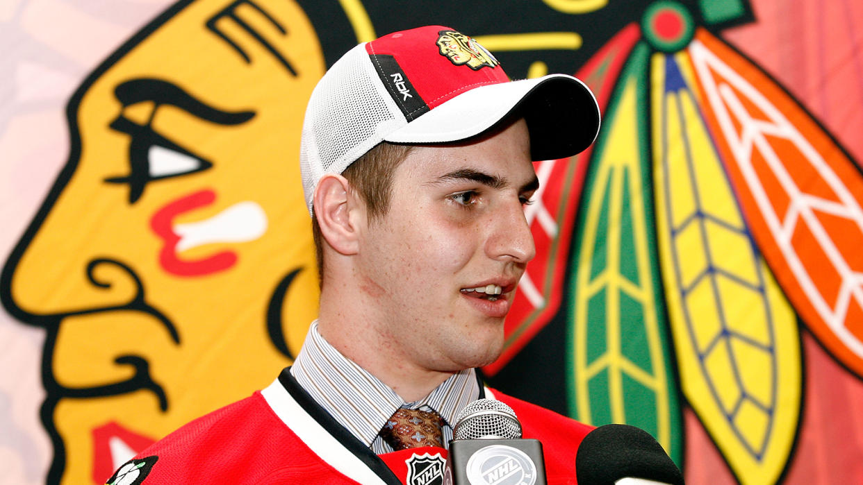 Kyle Beach, pictured after being drafted by the Chicago Blackhawks.  (Photo by Richard Wolowicz/Getty Images)