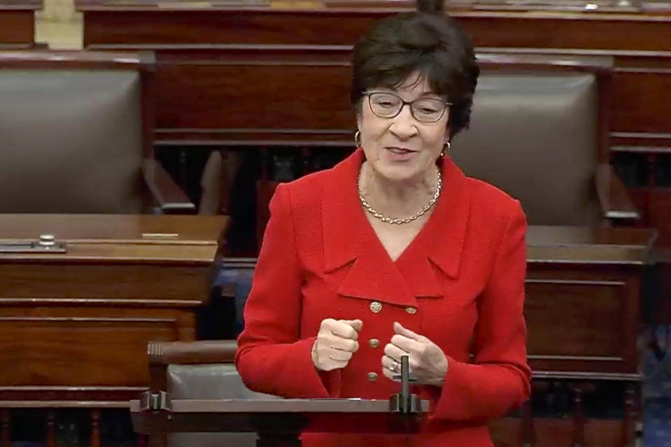 This image from U.S. Senate video, Sen. Susan Collins, R-Maine, speaks about the late Sen. Dianne Feinstein in the Senate chamber on Friday, Sept. 29, 2023, in Washington. In tributes to Feinstein after her death, her female colleagues talked about her indomitable, fierce intelligence and how she had paved the way for so many women. Feinstein was the first female mayor of San Francisco, one of California’s first two female senators and the first female chairwoman of the Senate Intelligence Committee. (Senate Television via AP)