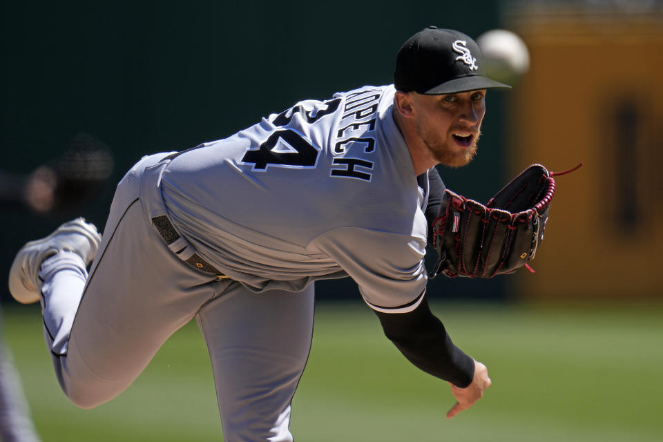 Chicago White Sox starting pitcher Michael Kopech delivers during the first inning of a baseball game against the Pittsburgh Pirates in Pittsburgh, Sunday, April 9, 2023. (AP Photo/Gene J. Puskar)