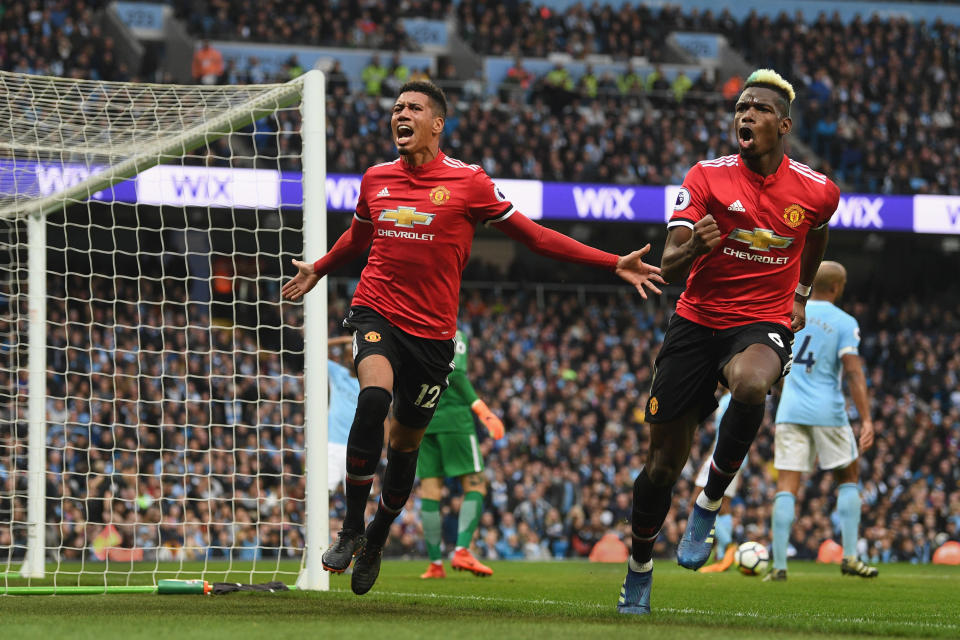 Chris Smalling scores during the Premier League match between Manchester City and Manchester United at Etihad Stadium.