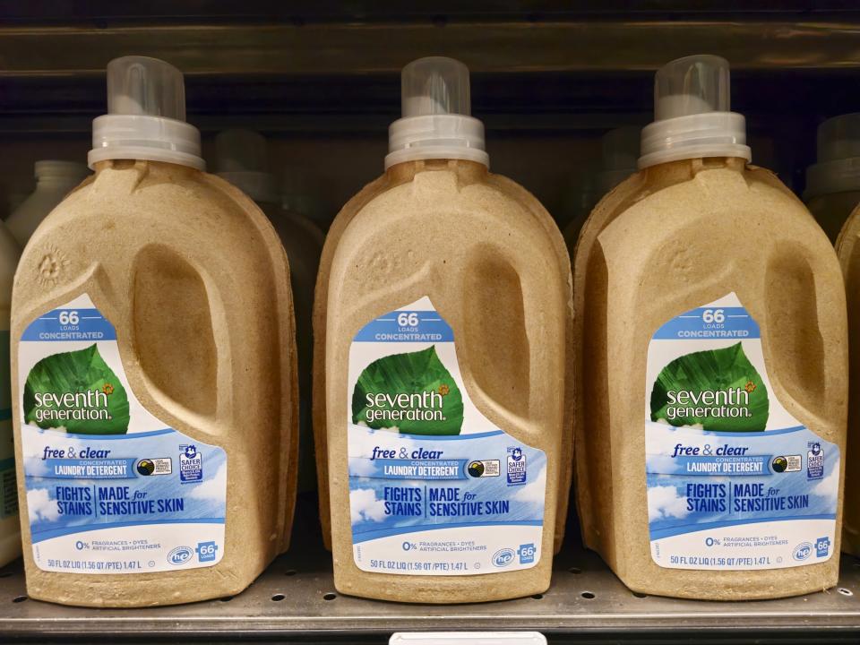 Seventh Generation concentrated laundry detergent is for sale in Los Angeles on Tuesday, March 14, 2023. A growing number of companies are making bulky plastic jugs smaller and concentrating the detergent or soap. (AP Photo/Damian Dovarganes)