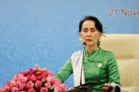 Myanmar State Counselor Aung San Suu Kyi speaks during a news conference at the Asia Europe Foreign Ministers (ASEM) in Naypyitaw, Myanmar, November 21, 2017. REUTERS/Stringer