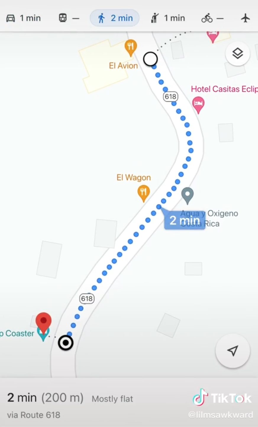 A Google Map preview of a destination, showing directions for a two-minute walk