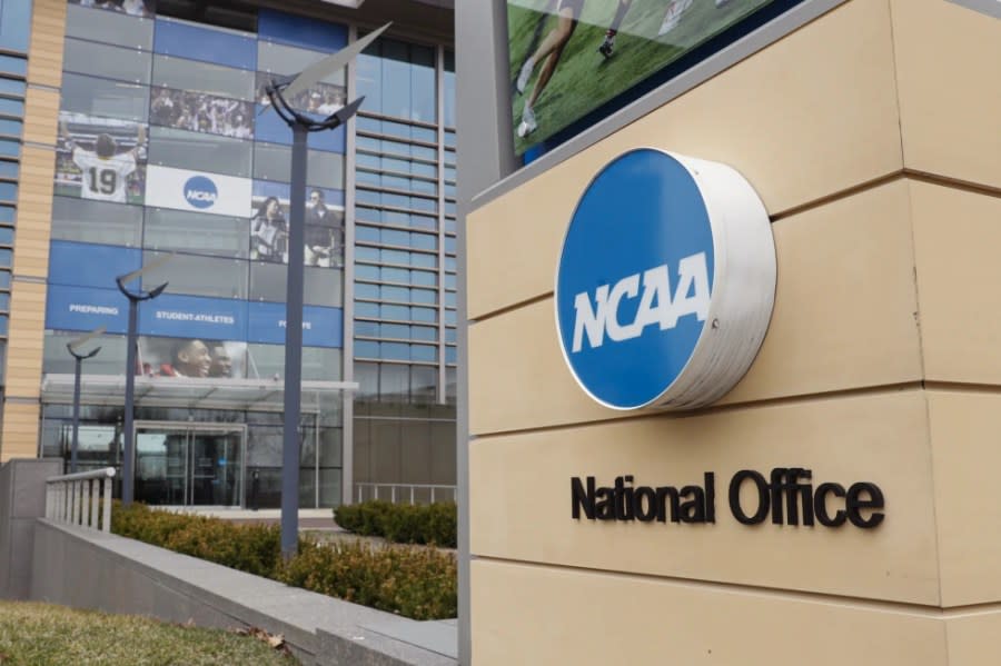 NCAA headquarters in Indianapolis is viewed March 12, 2020. (AP Photo/Michael Conroy, File)