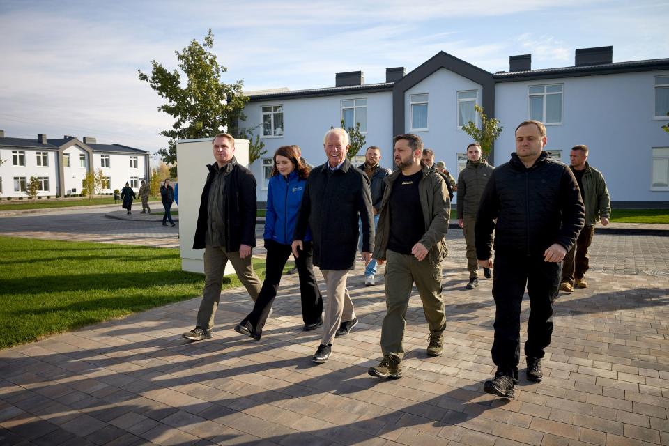 Ukrainian President Volodymyr Zelenskyy tours Hansen Village with Utah businessman Dell Loy Hansen and Svitlana Miller, founder of the nonprofit To Ukraine With Love, along with other Ukrainian officials on Thursday, Oct. 17, 2023, in Tarasivka, a city south of Kyiv. | Office of the President of Ukraine