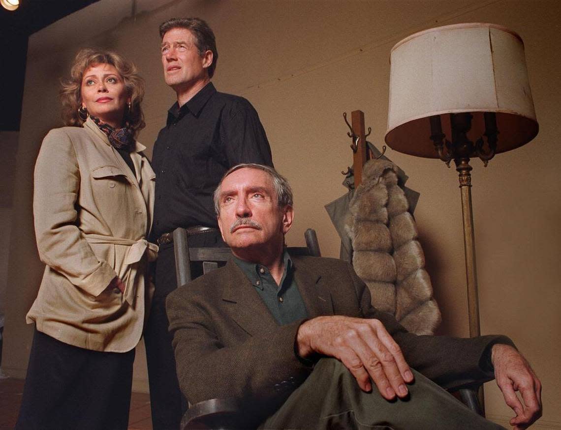 Edward Albee, seated, with Elizabeth Ashley and Frank Converse, who starred in the 1997 revival of the playwright’s ‘Who’s Afraid Of Virginia Woolf?’ at the Coconut Grove Playhouse.