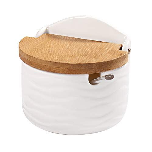 1) 77L Ceramic Sugar Bowl With Sugar Spoon & Bamboo Lid