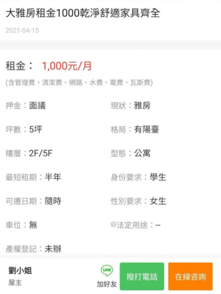 台北市雅房月租1000元。（圖／翻攝自Dcard）