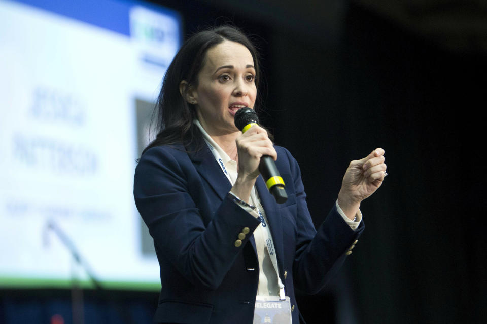 FILE - This Feb. 23, 2019, file photo shows Jessica Patterson, then-candidate for chair of the California Republican Party, speaking to delegates after her nomination during the party convention in Sacramento, Calif. Patterson, who is now the chairwoman, said the party will eventually back a candidate in the likely 2021 recall election against Democratic Gov. Gavin Newsom. (AP Photo/Steve Yeater, File)