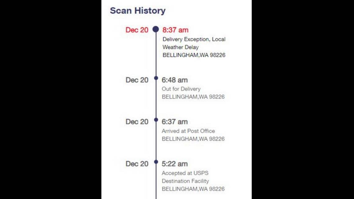 U.S. Postal Service website shows package delivery delays due to winter weather Wednesday, Dec. 21, 2022, in Bellingham, Wash.