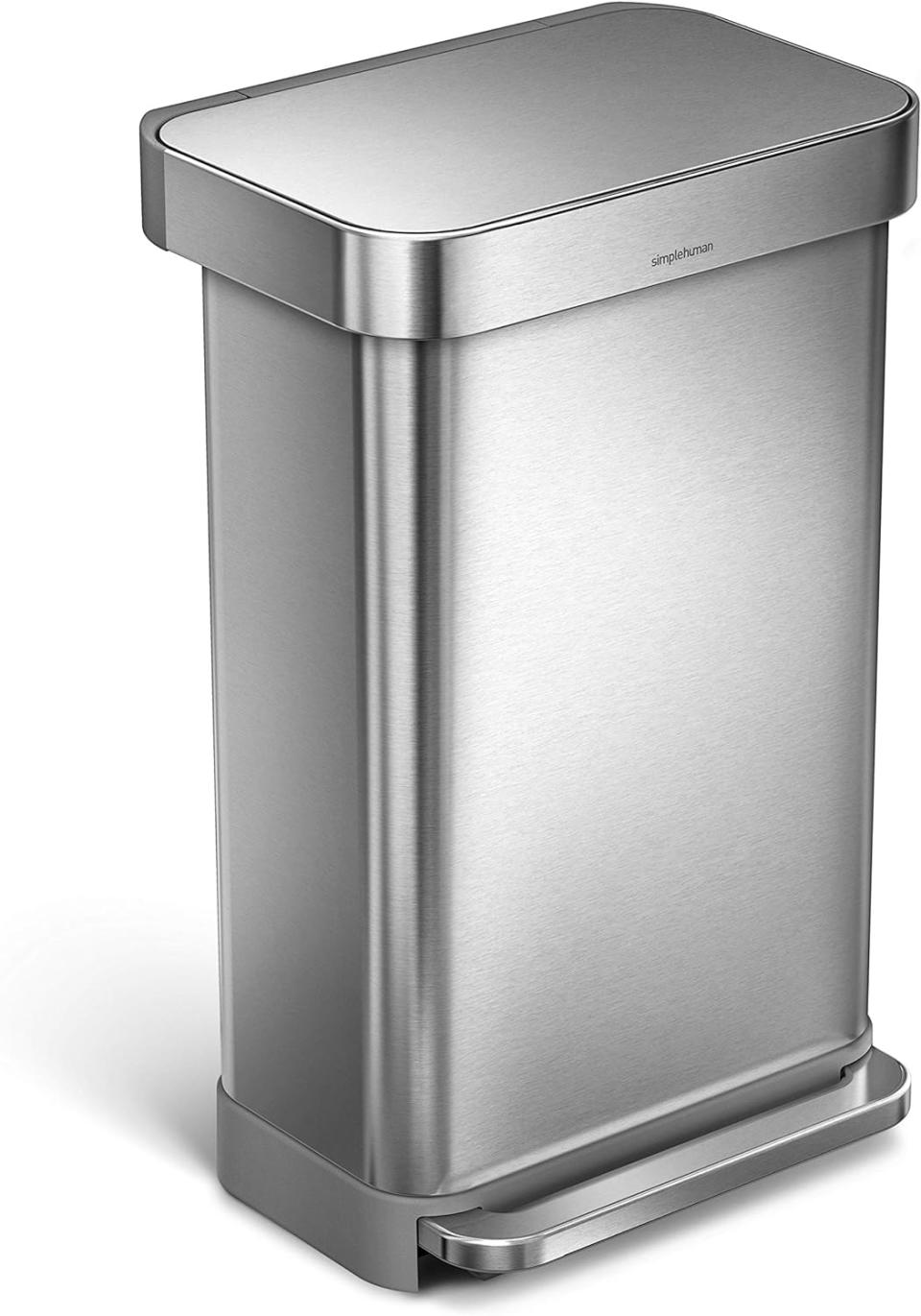 simplehuman 45 Litre / 12 Gallon Stainless Steel Rectangular Kitchen Step Trash Can with Liner Pocket, Brushed Stainless Steel. (Photo: Amazon SG)