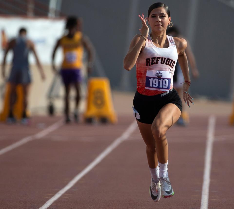Refugio's Peyton Oliver competes in the Class 2A 100 meter dash during the UIL State Track and Field meet, Friday, May 13, 2022, at Mike A. Myers Stadium in Austin.