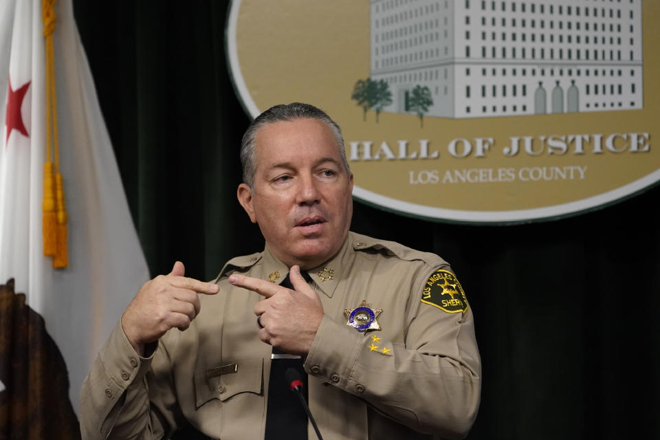 FILE - In this Sept. 17, 2020, file photo, Los Angeles County Sheriff Alex Villanueva comments on the shooting of 29-year-old Dijon Kizzee, who was killed by deputies following a scuffle, during a news conference at the Hall of Justice in downtown Los Angeles. The California Department of Justice has opened a civil rights investigation to determine whether the Los Angeles County Sheriff’s Department has engaged in a pattern or practice of unconstitutional policing, California Attorney General Xavier Becerra announced Friday, Jan. 22, 2021. (AP Photo/Damian Dovarganes, File)