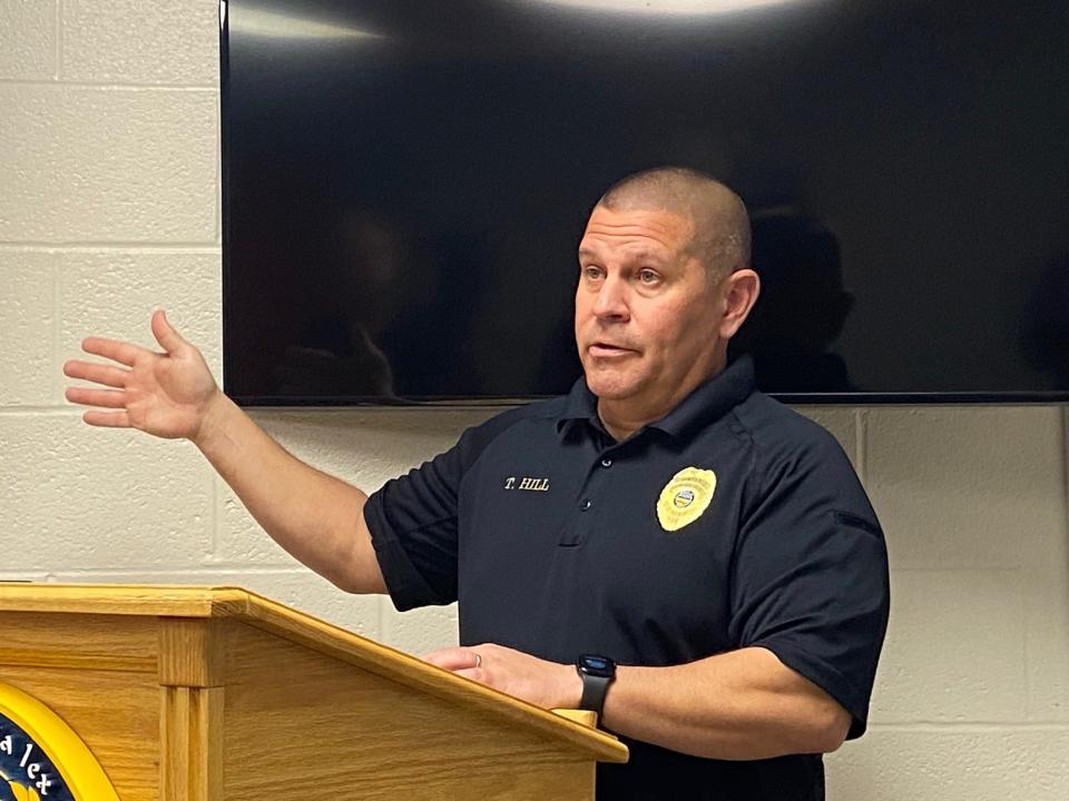 Ontario police Chief Tommy Hill Monday describes the dangerous situation when officers arrived Sunday night to Landings Court on a disturbance call. An officer was wounded by gunfire and a female hostage was wounded by gunfire before the four-hour standoff unfolded.