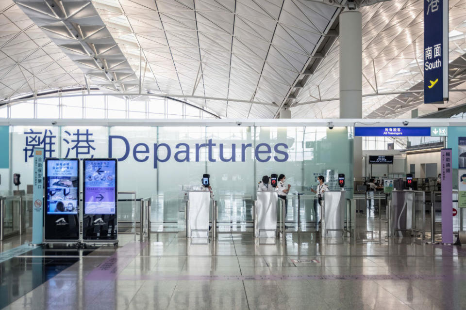 An empty departures gate at an airport