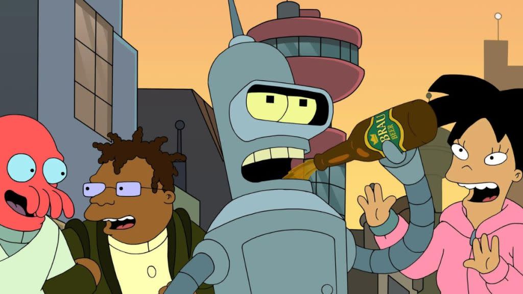 Bending drinking a beer with the rest of the Futurama cast