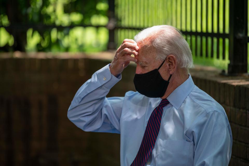 Democratic presidential candidate Joe Biden delivers remarks after meeting with Pennsylvania families who have benefited from the Affordable Care Act  on June 25, 2020 in Lancaster,Pennsylvania. - Biden has largely remained off the campaign trail and in his Delaware home since mid-March due to the pandemic, although he has begun participating in small-scale events. (Photo by JIM WATSON / AFP) (Photo by JIM WATSON/AFP via Getty Images)