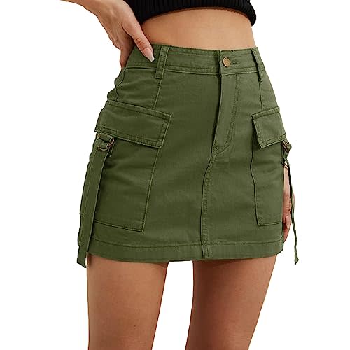 Cargo Skirt Jean Skirt Mini Skirt y2k Jean Skirt for Women Cargo Skirt y2k Cargo Mini Skirt Women's Casual Low Waisted Solid Button Up Denim Jean Skirt Green