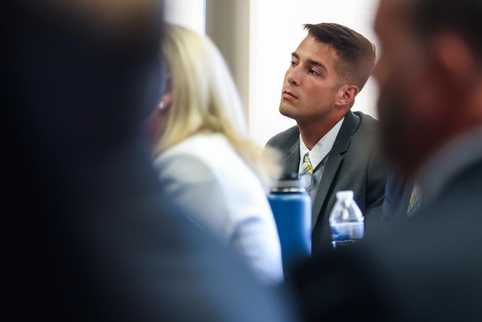 Defendant Troy Henricksen, 24, of Grove City, listens May 17 during his criminal trial for the hazing death of Bowling Green State University freshman Stone Foltz at the Wood County Courthouse.