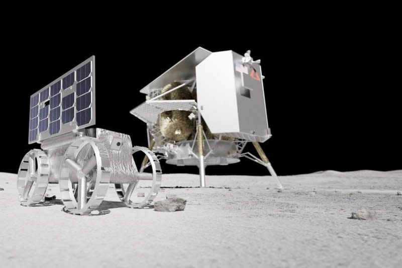 An illustration shows a small lunar rover, or CubeRover, as built by Pittsburgh-based Astrobotic next to its lunar lander.  Image courtesy of Astrobotic