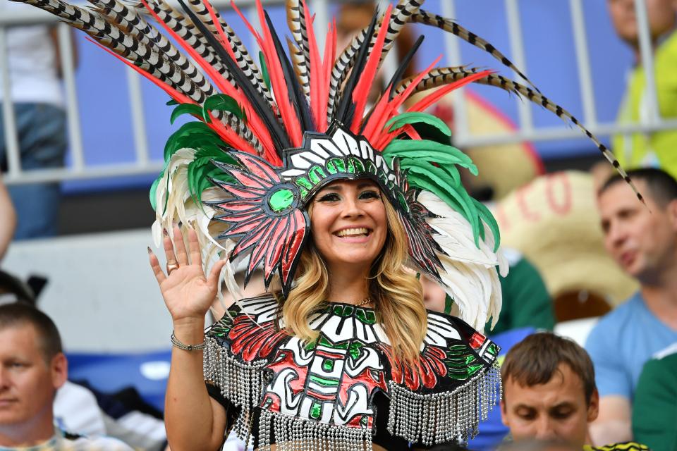 <p>A fan attends the Russia 2018 World Cup round of 16 football match between Brazil and Mexico at the Samara Arena in Samara on July 2, 2018. (Photo by EMMANUEL DUNAND / AFP) </p>