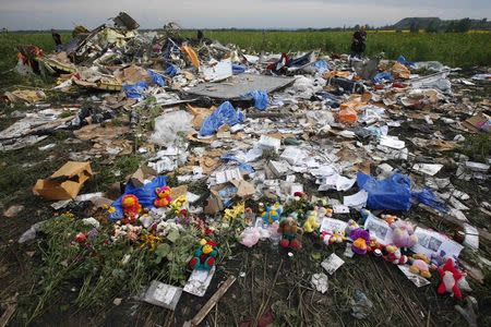 Flowers and mementos left by local residents at the crash site of Malaysia Airlines Flight MH17 are pictured near the settlement of Rozspyne in the Donetsk region in this July 19, 2014 file photo. REUTERS/Maxim Zmeyev/Files