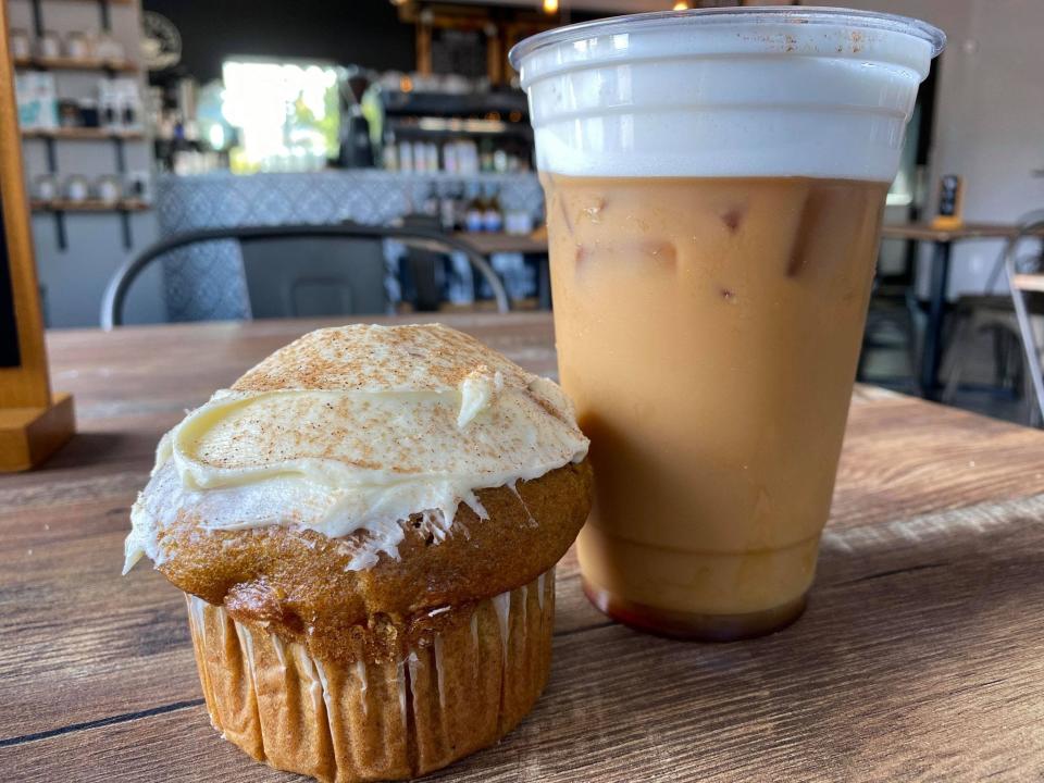 The French Toast Cold Brew and the Pumpkin Muffin at Out of the Box Coffee House, 3820 Eighth St. in Wisconsin Rapids.