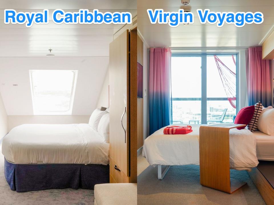Left: a Royal Caribbean cruise ship cabin. Right: a Virgin Voyages cruise ship cabin