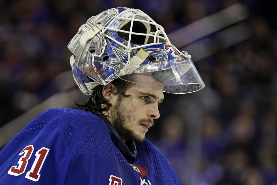 New York Rangers goaltender Igor Shesterkin reacts skating back to his net after a break in play against the Winnipeg Jets in the second period of an NHL hockey game Monday, Feb. 20, 2023, in New York. (AP Photo/Adam Hunger)