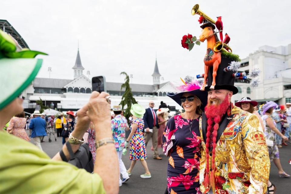 Garey Faulkner, right, celebrates his 40th birthday at the Kentucky Derby. “With it being my birthday, we have to go extra crazy!” he said of his outfit.