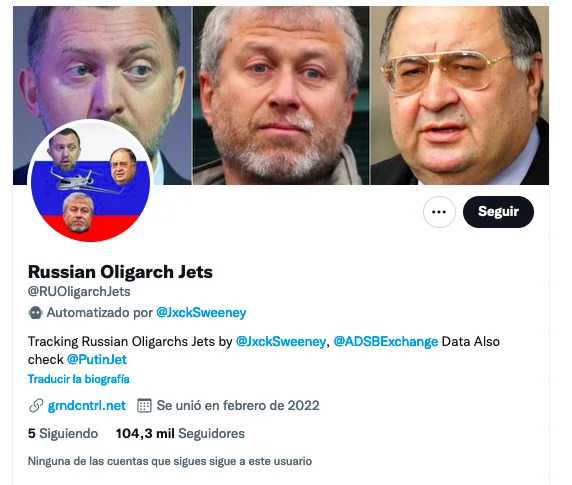 Lanzada el domingo, Russian Oligarch Jets ya cuenta con m&#xe1;s de 100.00o seguidores. (Foto: Captura de Twitter / Russian Oligarch Jets)