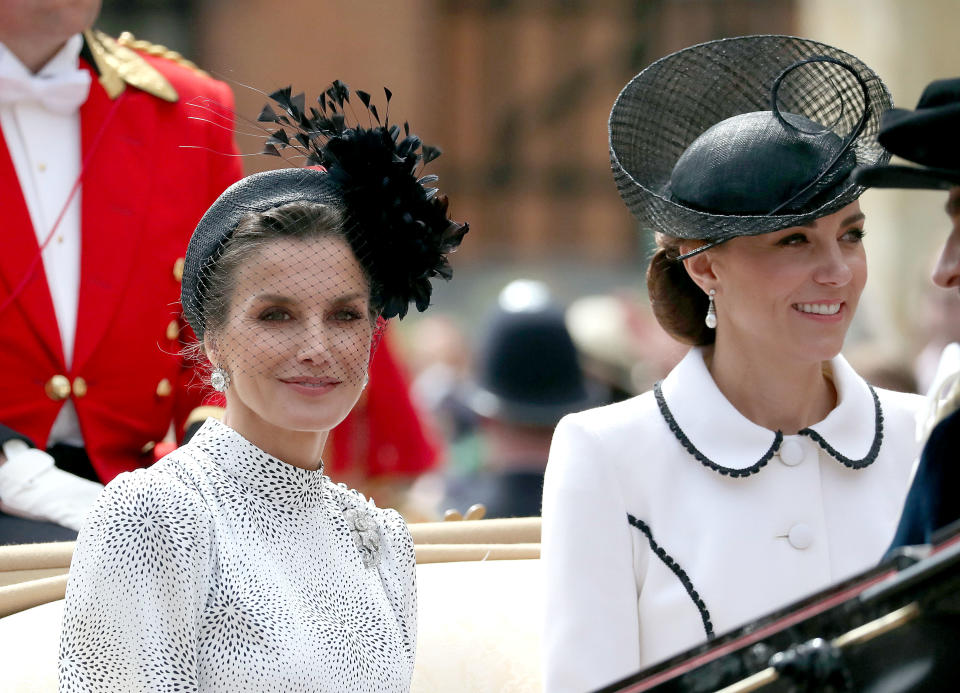 WINDSOR, ENGLAND - JUNE 17: Queen Letizia of Spain and Catherine, Duchess of Cambridge leaves the Order of the Garter Service at St George's Chapel in Windsor Castle on June 17, 2019 in Windsor, England. The Order of the Garter is the senior and oldest British Order of Chivalry, founded by Edward III in 1348. The Garter ceremonial dates from 1948, when formal installation was revived by King George VI for the first time since 1805. (Photo by Steve Parsons - WPA Pool/Getty Images)