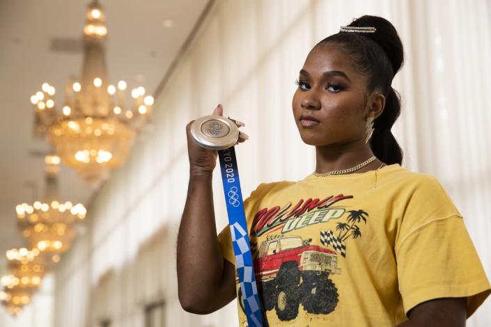 U.S. gymnast Jordan Chiles holds her Olympic silver medal