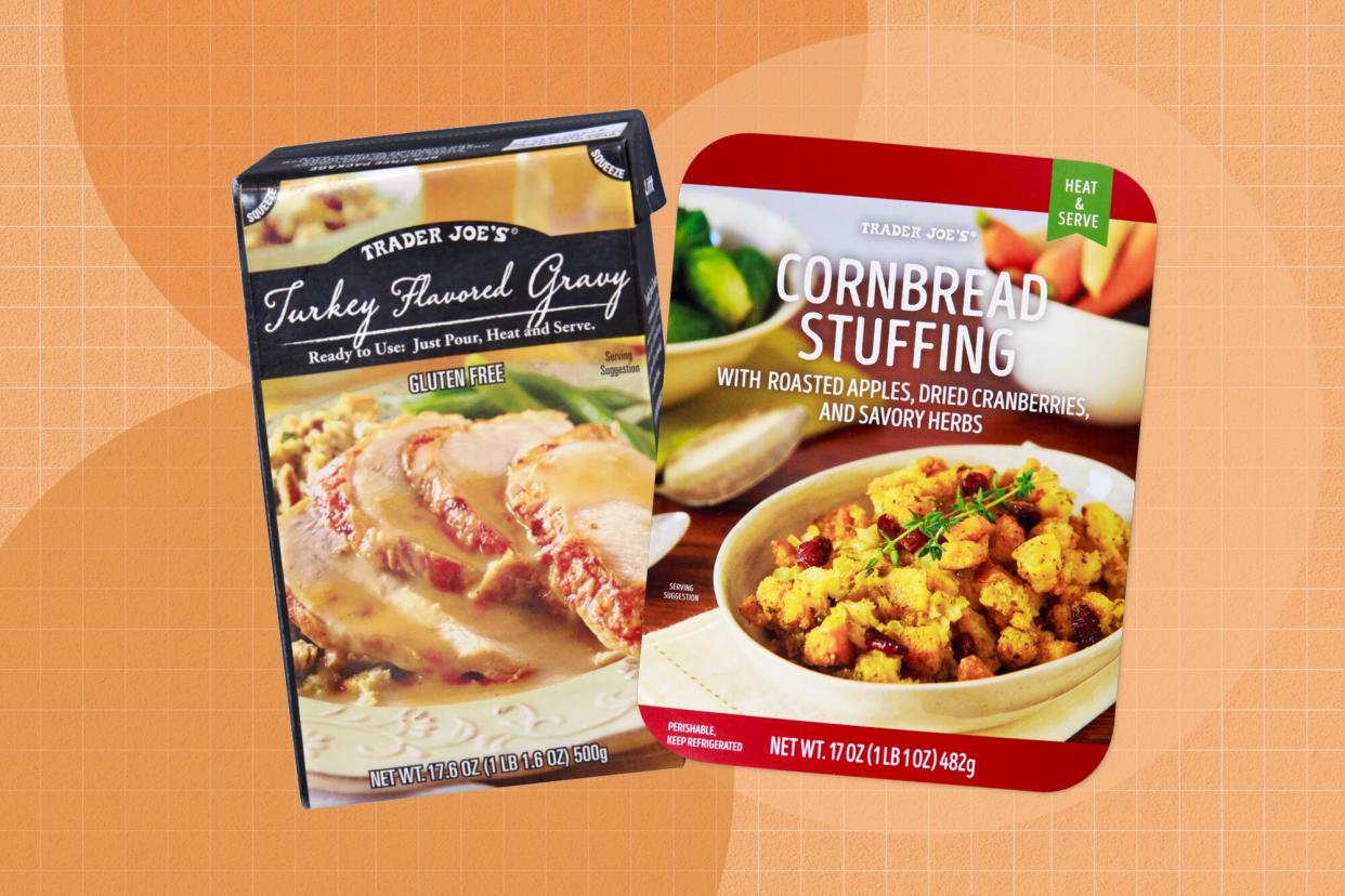 a collage featuring Trader Joe's products Turkey Flavored Gravy and Cornbread Stuffing