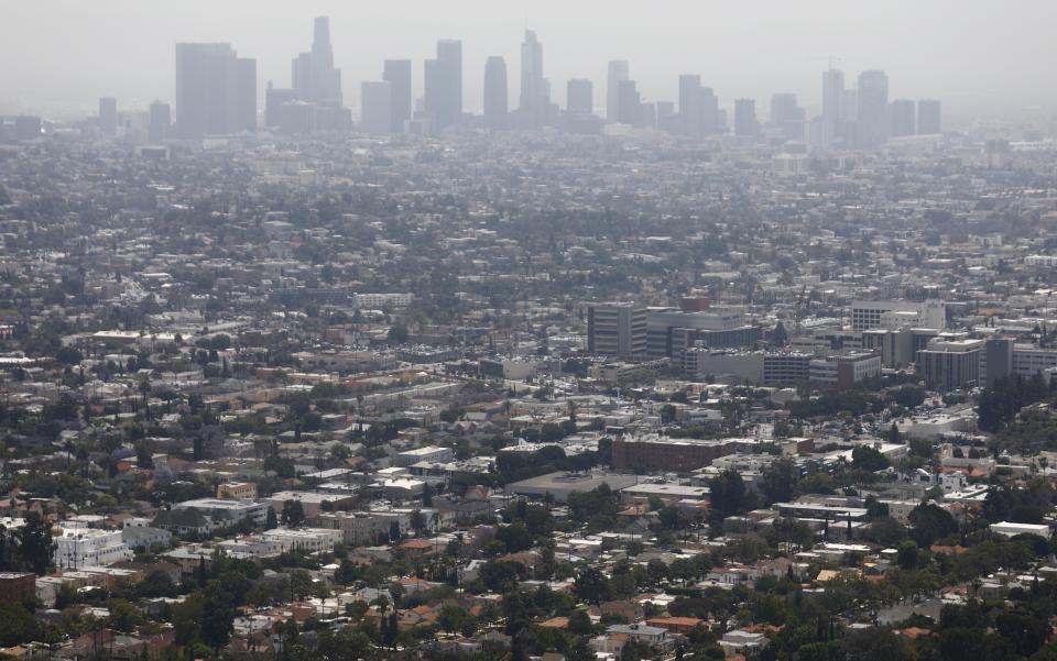 Smog, also known as ground-level ozone, hangs over Los Angeles on a day rated as having 