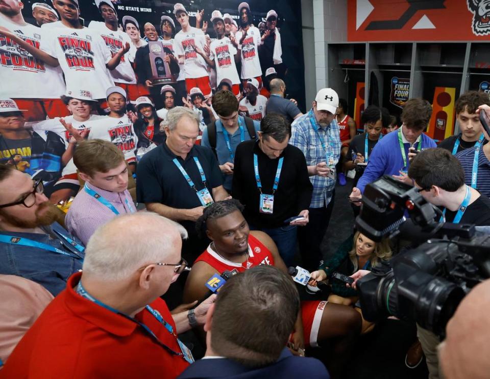 N.C. State’s DJ Burns Jr. talks to the media during an availability in the N.C. State locker room at State Farm Stadium in Glendale, Ariz. Thursday, April 4, 2024. The Wolfpack will face Purdue in the Final Four on Saturday.