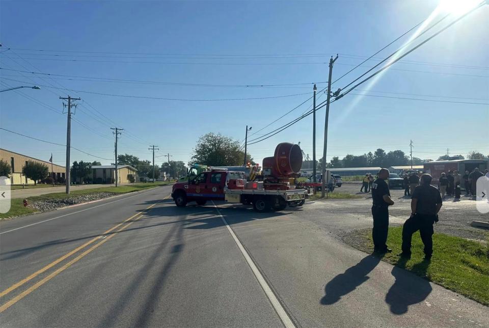 Emergency responders work the scene of semitruck crash in Teutopolis, Ill., on Saturday, Sept. 30, 2023.  Federal regulators confirmed Saturday they are reviewing the crash of a semitruck carrying a toxic substance in central Illinois, resulting in “multiple fatalities” and dangerous air conditions that prompted the evacuation of area residents.