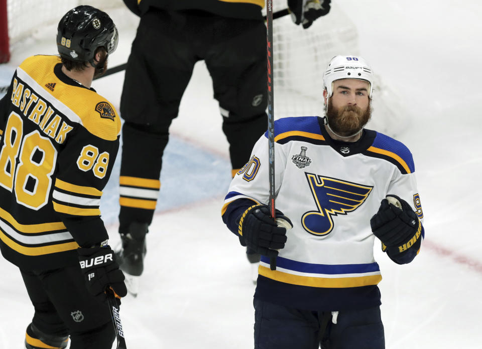 St. Louis Blues' Ryan O'Reilly, right, celebrates his goal against the Boston Bruins during the second period in Game 5 of the NHL hockey Stanley Cup Final, Thursday, June 6, 2019, in Boston. (AP Photo/Charles Krupa)