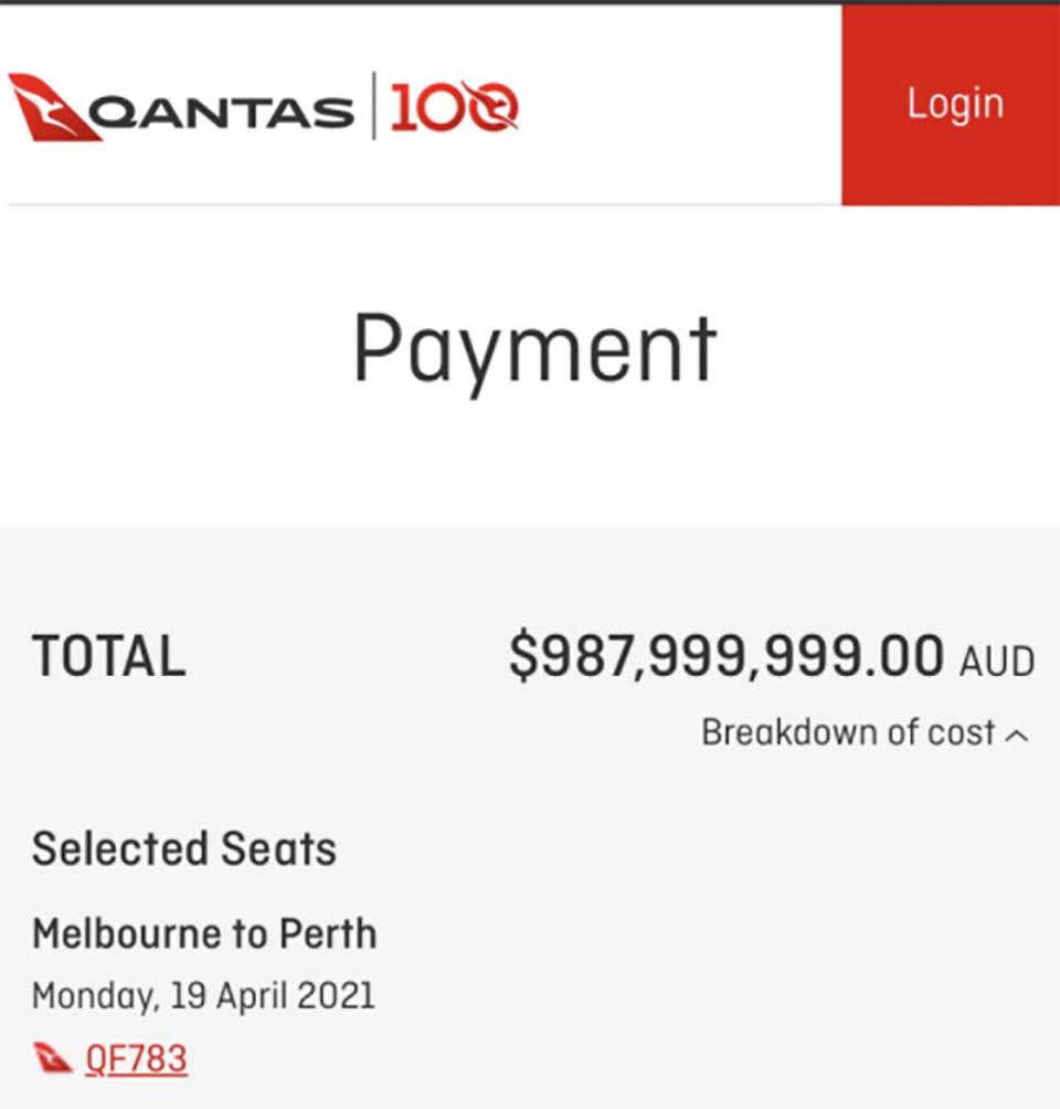 A Qantas booking for $987 million is seen.