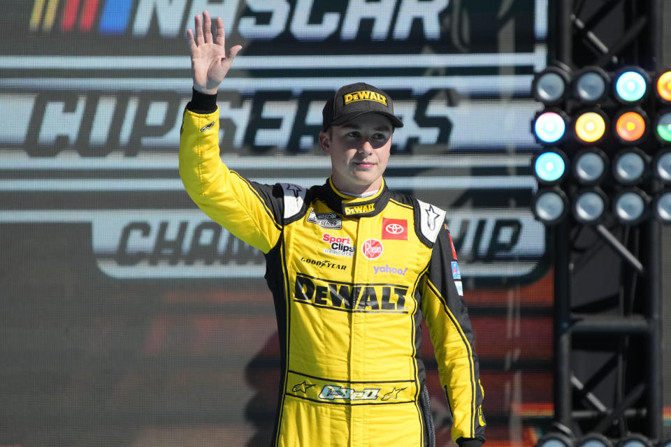 Christopher Bell is introduced to the fans before a NASCAR Cup Series auto race Sunday, Nov. 6, 2022, in Avondale, Ariz. (AP Photo/Rick Scuteri)