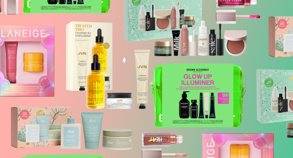 collage on green and pink background of sephora beauty holiday gift sets, makeup, skincare, hair products