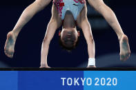 <p>Hongchan Quan of Team China competes in the Women's 10m Platform Final on day thirteen of the Tokyo 2020 Olympic Games at Tokyo Aquatics Centre on August 05, 2021 in Tokyo, Japan. (Photo by Clive Rose/Getty Images)</p> 