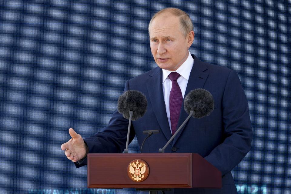 Russian President Vladimir Putin speaks at the opening of the MAKS-2021 International Aviation and Space Salon in Zhukovsky outside Zhukovsky, Russia, Tuesday July 20, 2021.Russia on Tuesday unveiled a prototype of its prospective new fighter jet at the Moscow air show. (AP Photo/Alexander Zemlianichenko, Pool)