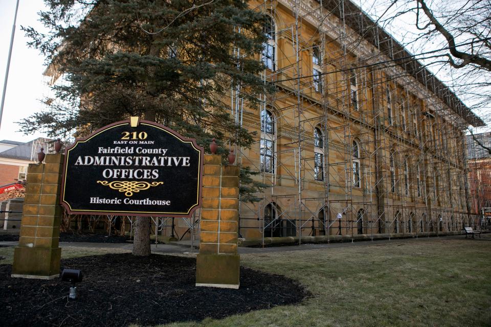 Scaffolding is erected all around the Fairfield County Courthouse during construction on Feb. 6, 2024, in Lancaster, Ohio.