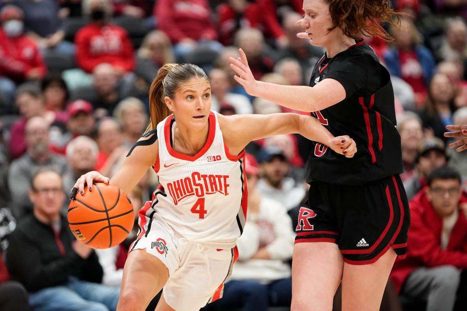 Ohio State guard Jacy Sheldon dribbles past Rutgers guard Jillian Huerter on Thursday.