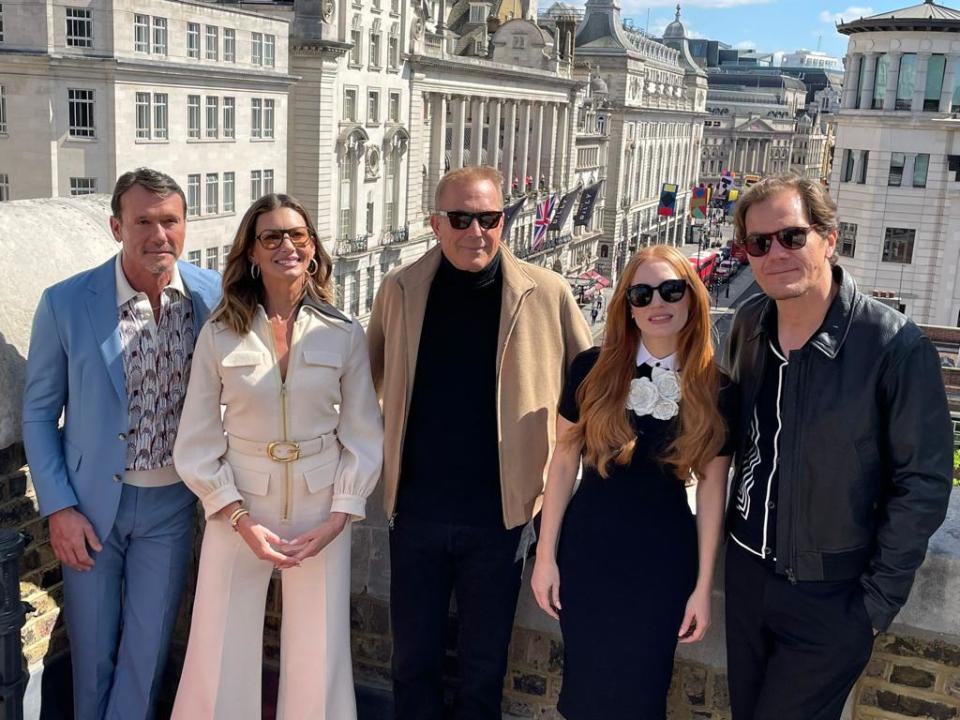 From left: Tim McGraw, Faith Hill, Kevin Costner, Jessica Chastain and Michael Shannon on the BAFTA roof in Piccadilly - Credit: Joanne Davidson