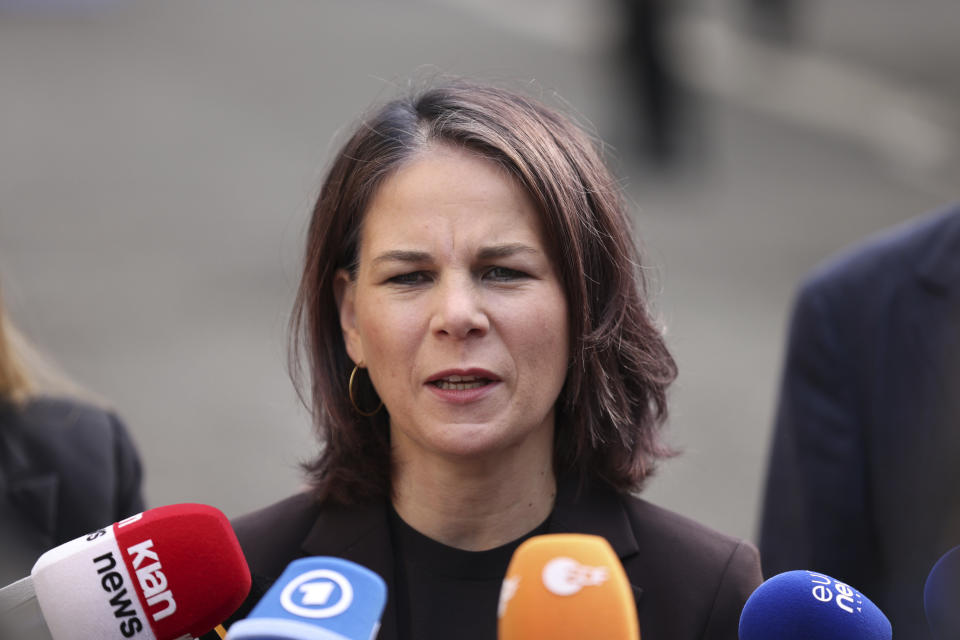 German Foreign Minister Annalena Baerbock makes statements ahead of a summit in Tirana, Albania, Friday, Oct. 6, 2023. Foreign Ministers of the Western Balkans and the European Union member countries in the Berlin process, trying to raise up regional cooperation in their march toward becoming block members in the future, convene in Tirana to prepare the summit which is held in a non-EU member country. (AP Photo/Franc Zhurda)