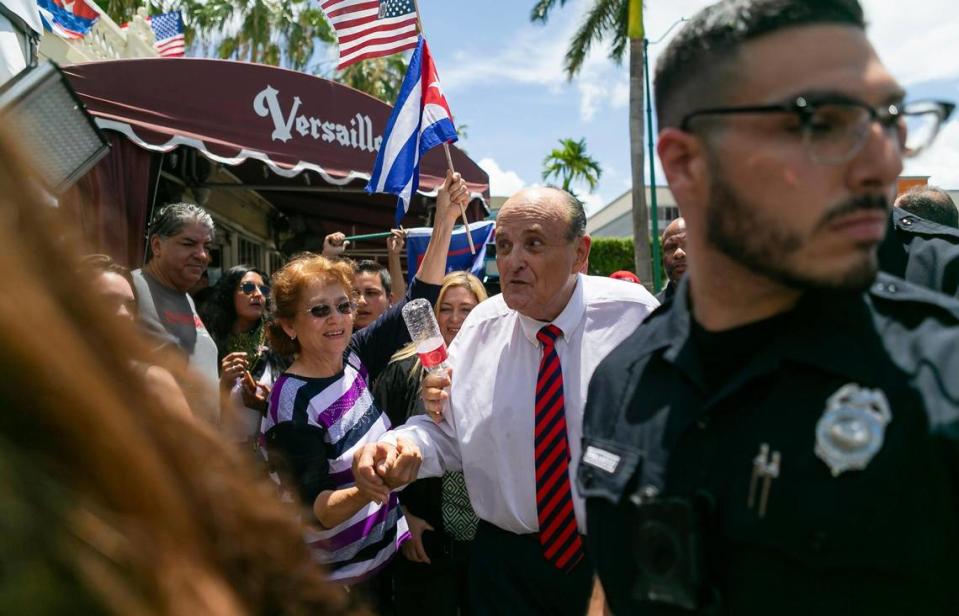 Former New York City Mayor Rudy Giuliani departs after holding a press conference outside of the Versailles Restaurant in Miami’s Little Havana neighborhood on Monday, July 26, 2021. Giuliani spoke in support of the protests happening in Cuba.